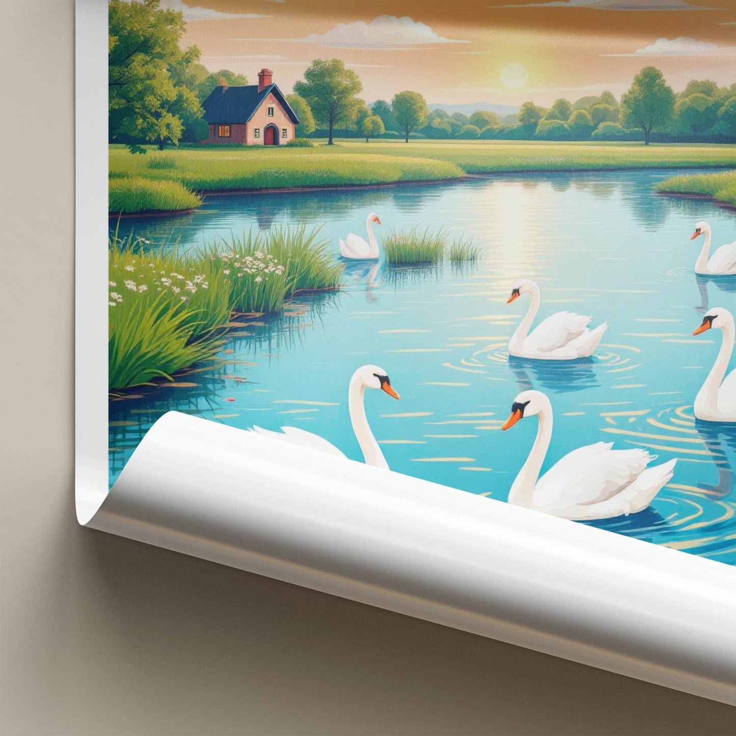The Broads Poster - United Kingdom Travel Art - Swans Lakeside Sunset Home Decor