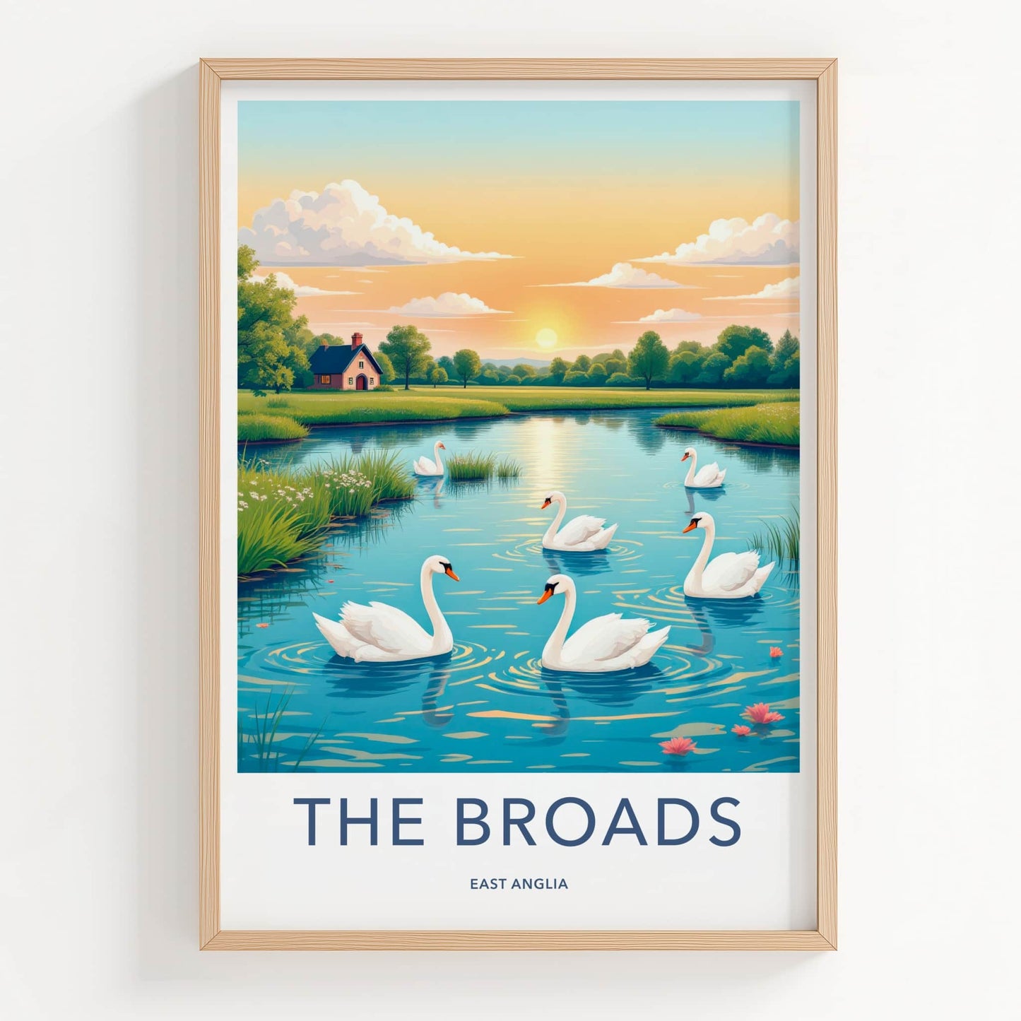 The Broads Poster - United Kingdom Travel Art - Swans Lakeside Sunset Home Decor