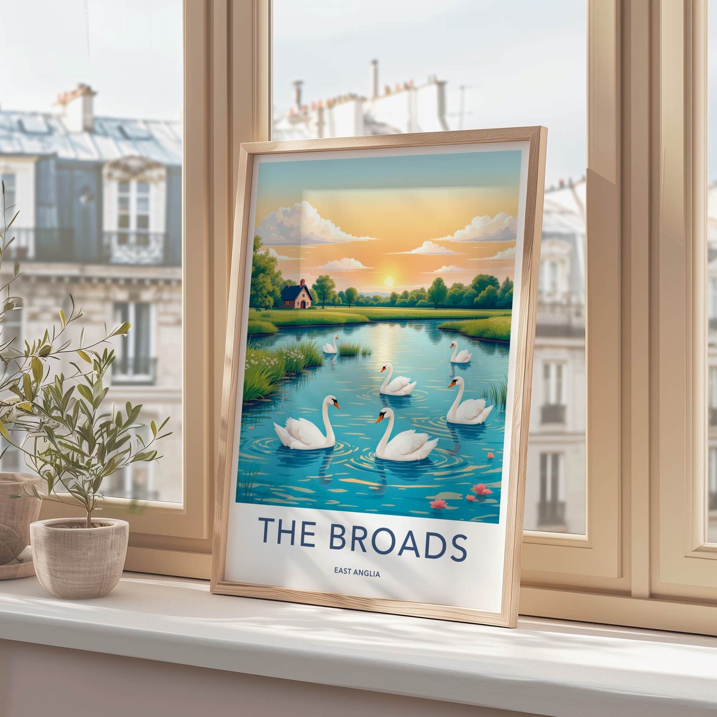 The Broads Poster - United Kingdom Travel Art - Swans Lakeside Sunset Home Decor