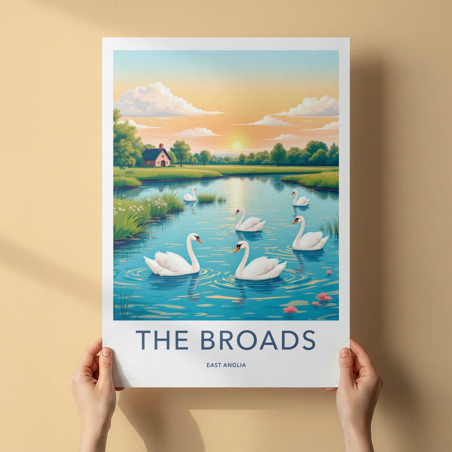 The Broads Poster - United Kingdom Travel Art - Swans Lakeside Sunset Home Decor