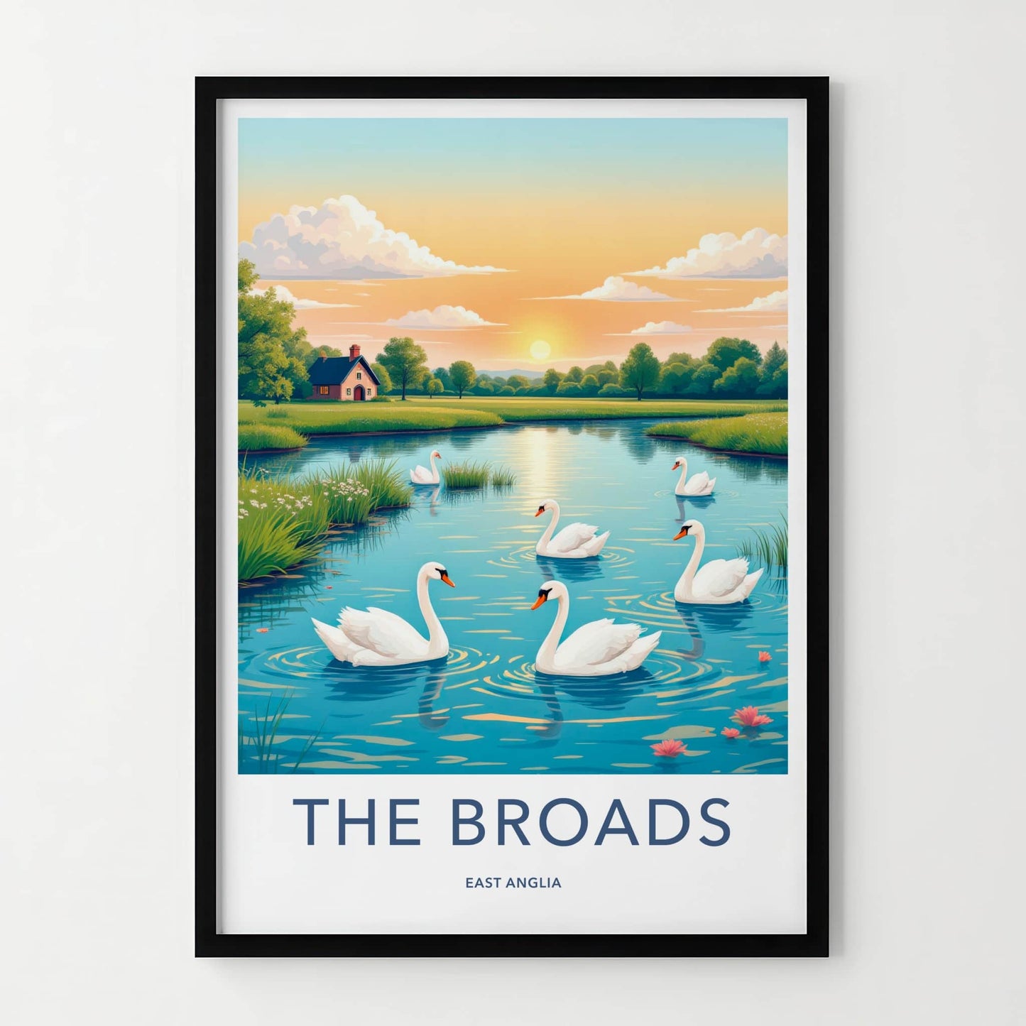 The Broads Poster - United Kingdom Travel Art - Swans Lakeside Sunset Home Decor