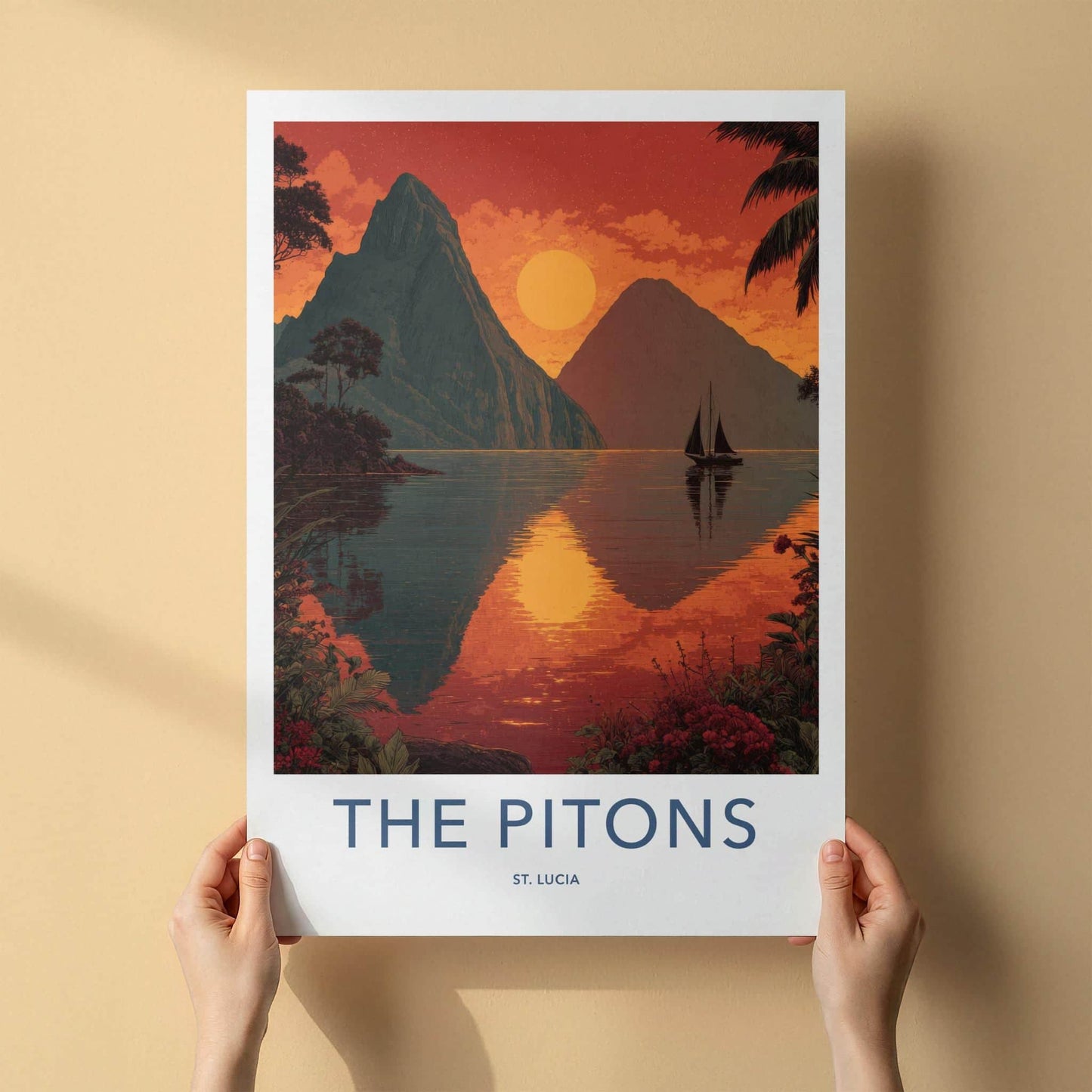 The Pitons Poster - Saint Lucia Travel Art - Tropical Ocean Sunset Home Decor