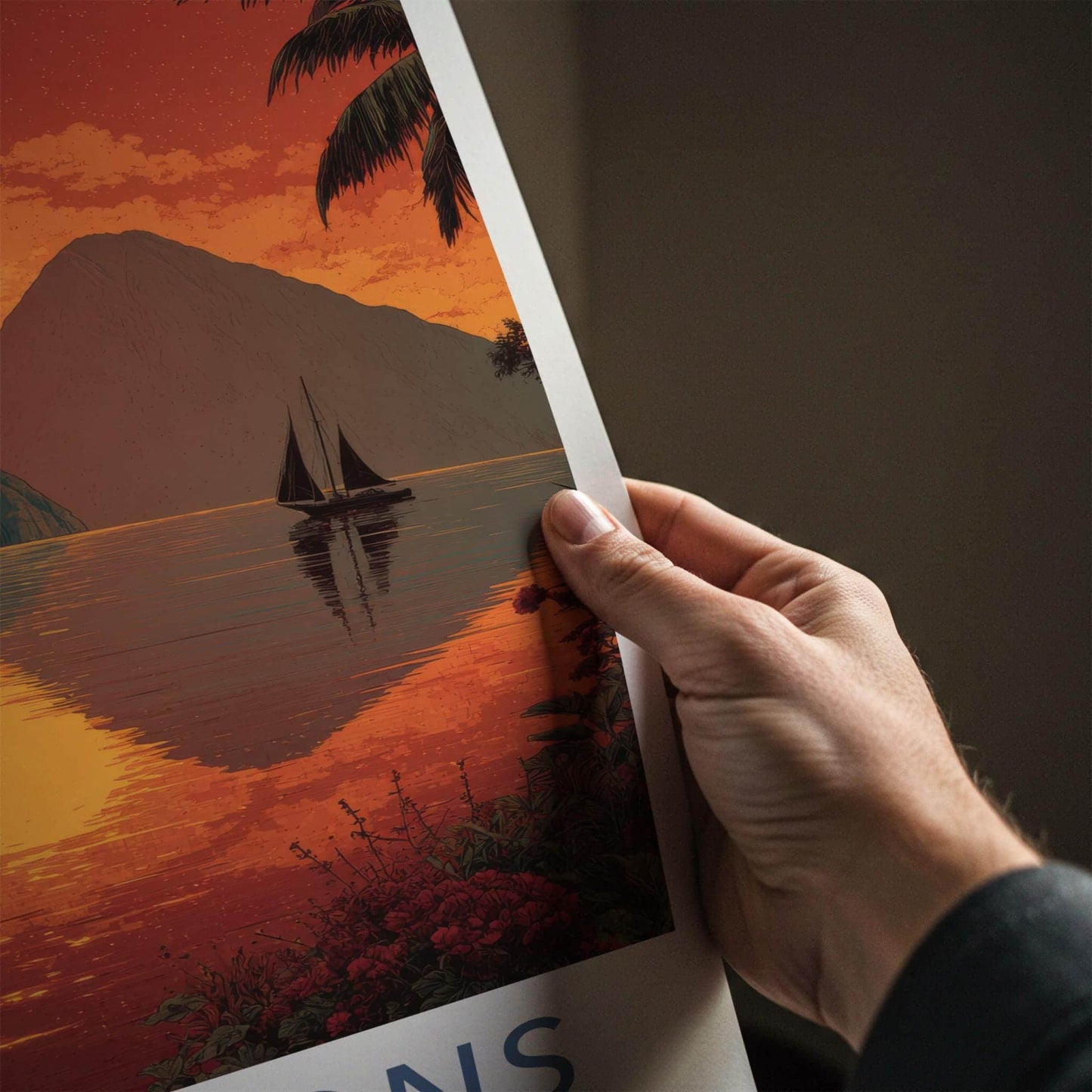 The Pitons Poster - Saint Lucia Travel Art - Tropical Ocean Sunset Home Decor