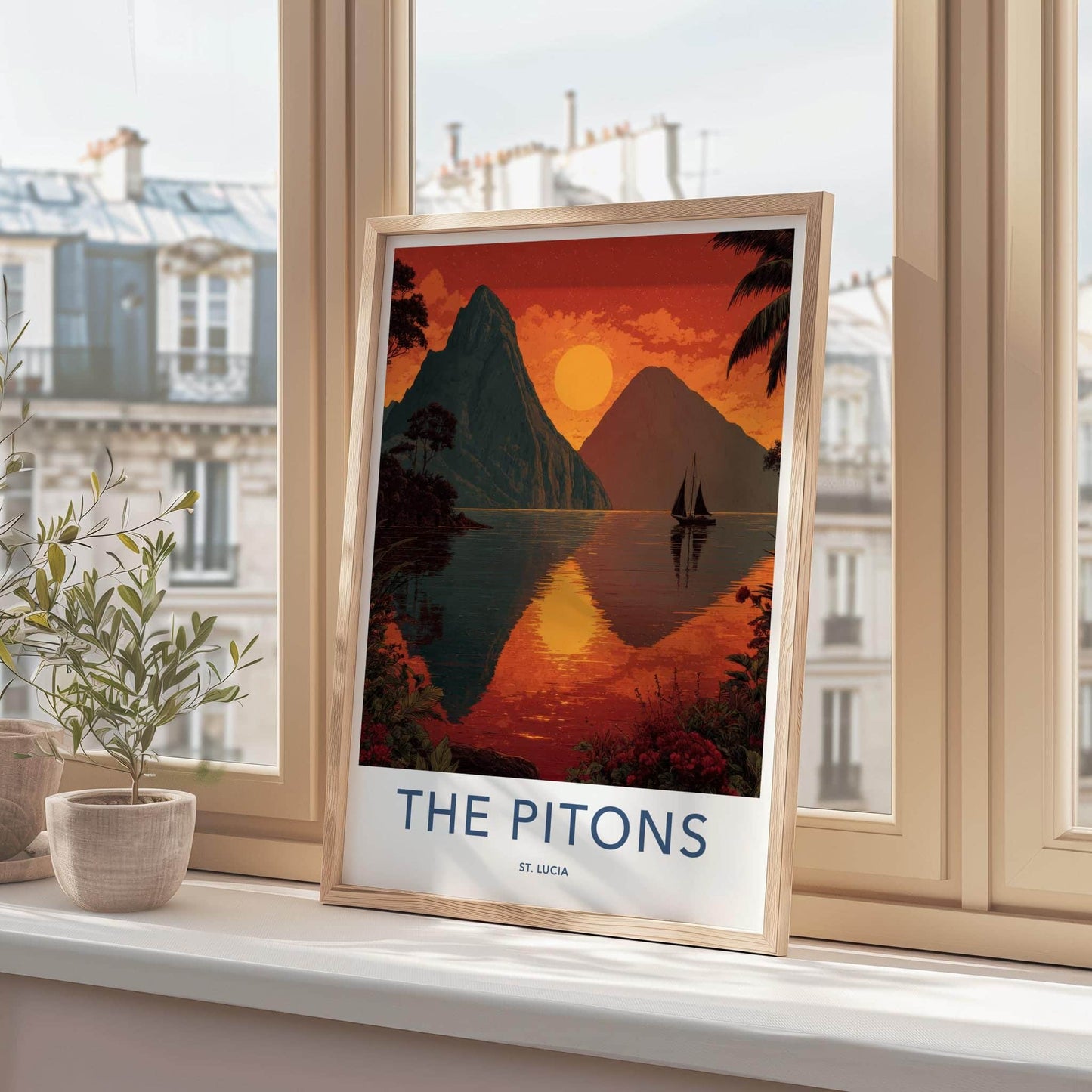 The Pitons Poster - Saint Lucia Travel Art - Tropical Ocean Sunset Home Decor