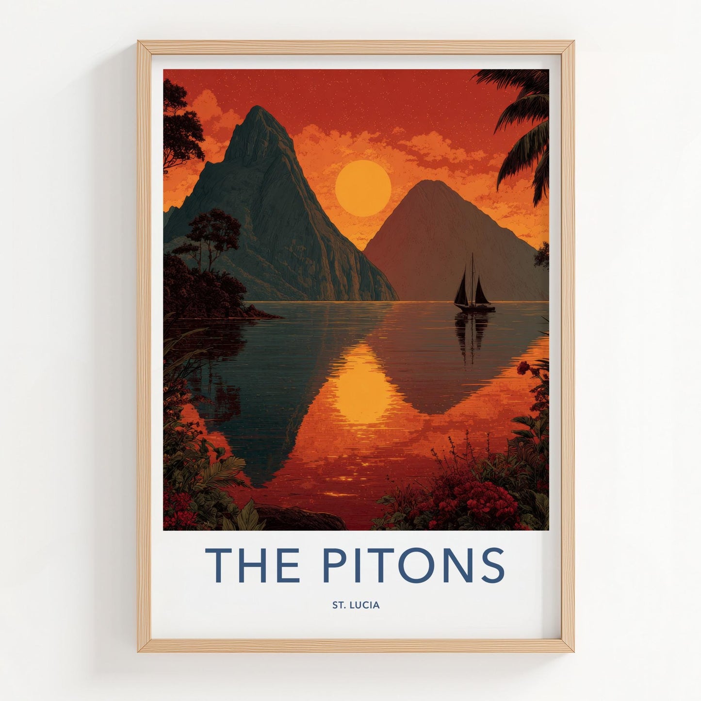 The Pitons Poster - Saint Lucia Travel Art - Tropical Ocean Sunset Home Decor