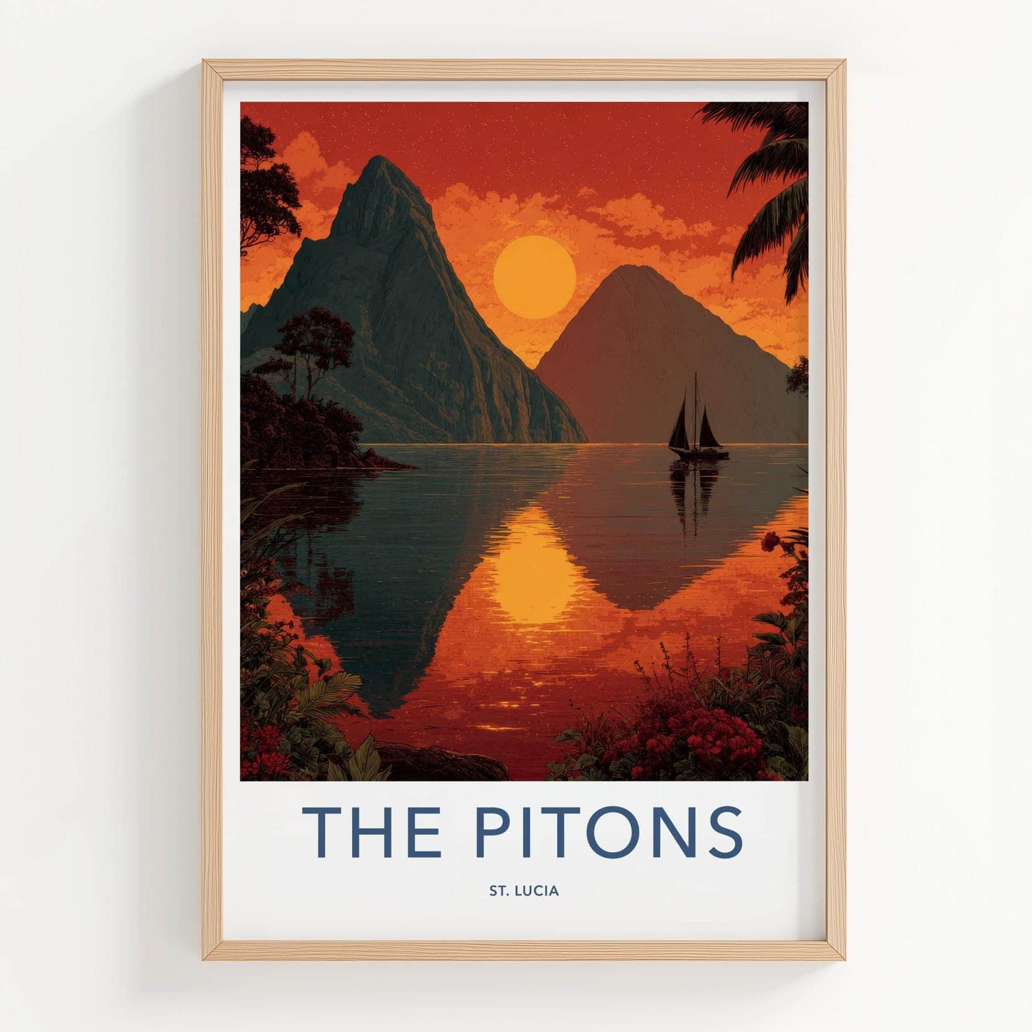 The Pitons Poster - Saint Lucia Travel Art - Tropical Ocean Sunset Home Decor