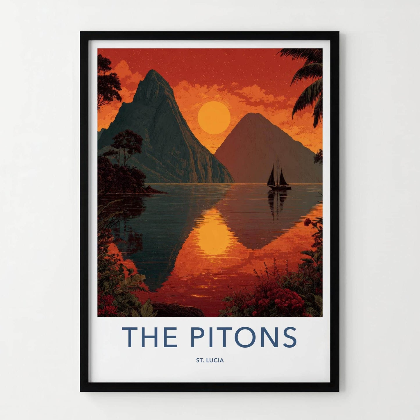 The Pitons Poster - Saint Lucia Travel Art - Tropical Ocean Sunset Home Decor