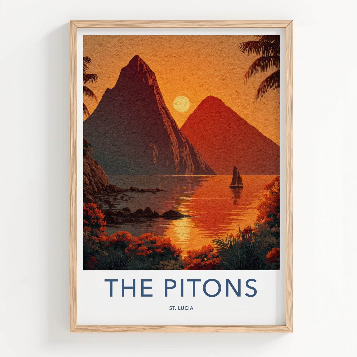 The Pitons Poster - St Lucia Travel Art - Tropical Sunset Sailboat Home Decor