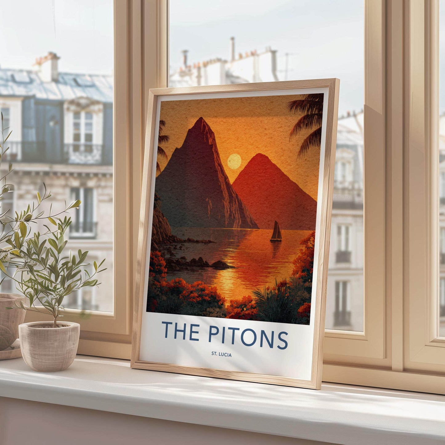 The Pitons Poster - St Lucia Travel Art - Tropical Sunset Sailboat Home Decor