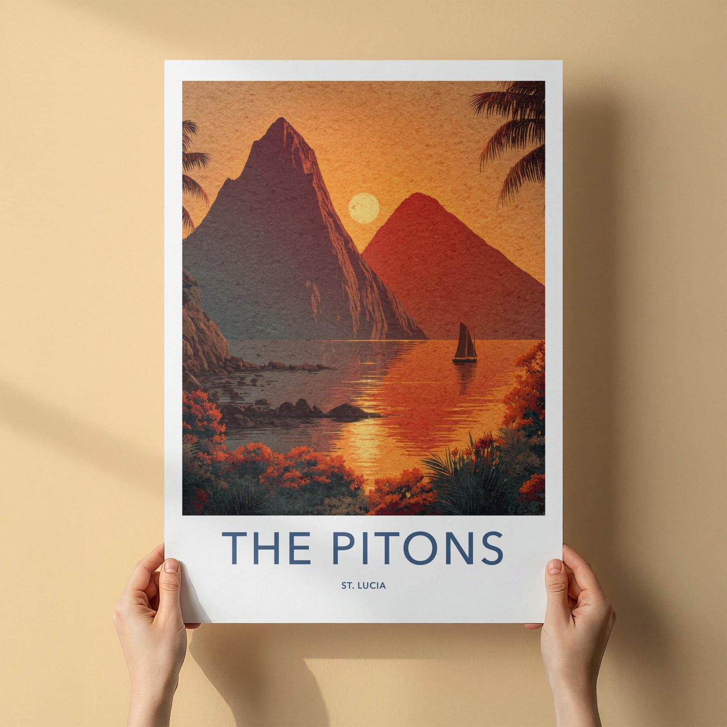 The Pitons Poster - St Lucia Travel Art - Tropical Sunset Sailboat Home Decor