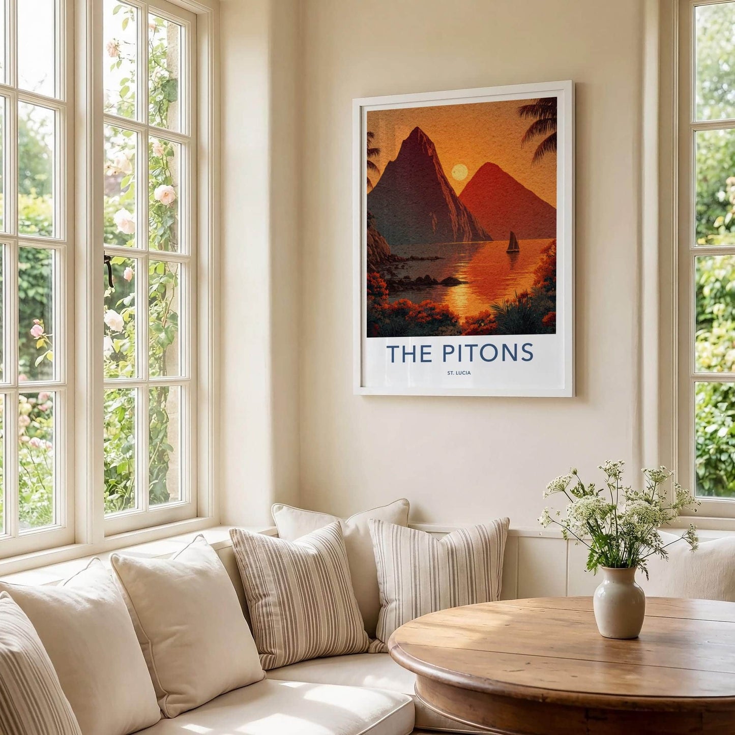 The Pitons Poster - St Lucia Travel Art - Tropical Sunset Sailboat Home Decor