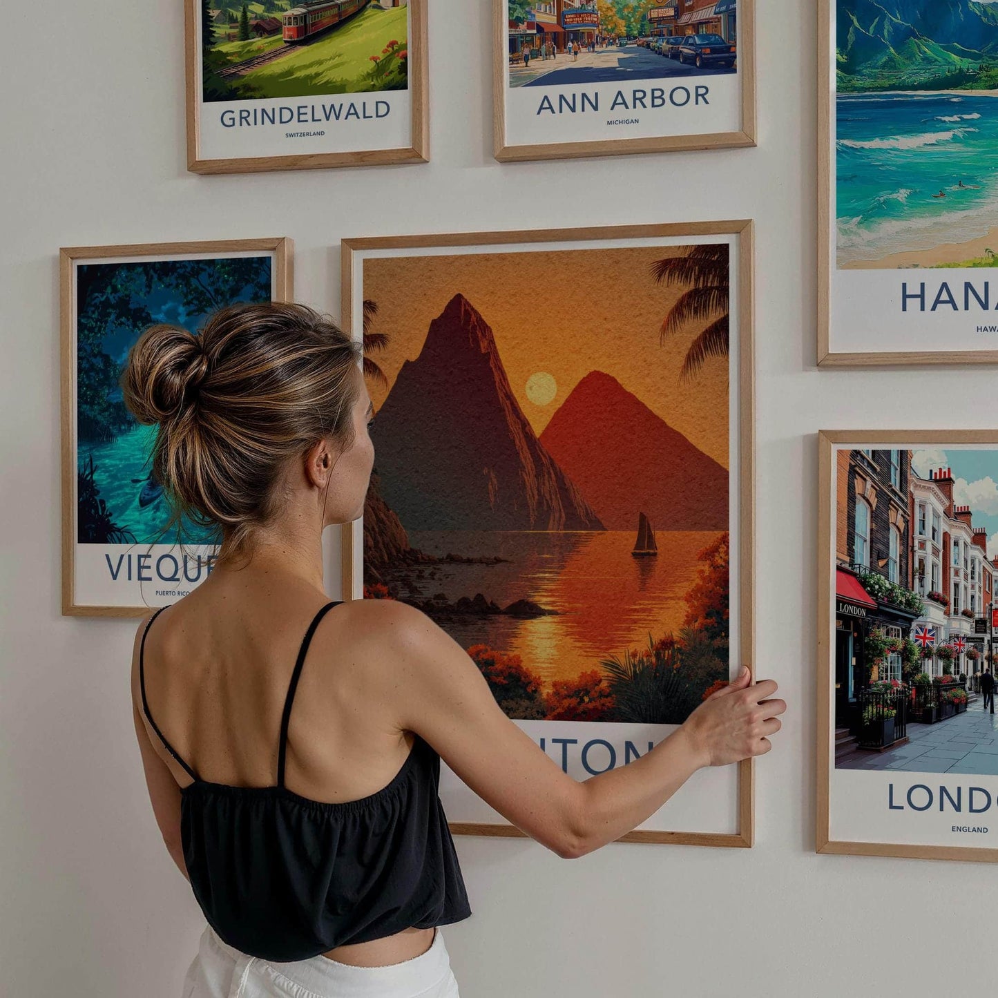 The Pitons Poster - St Lucia Travel Art - Tropical Sunset Sailboat Home Decor