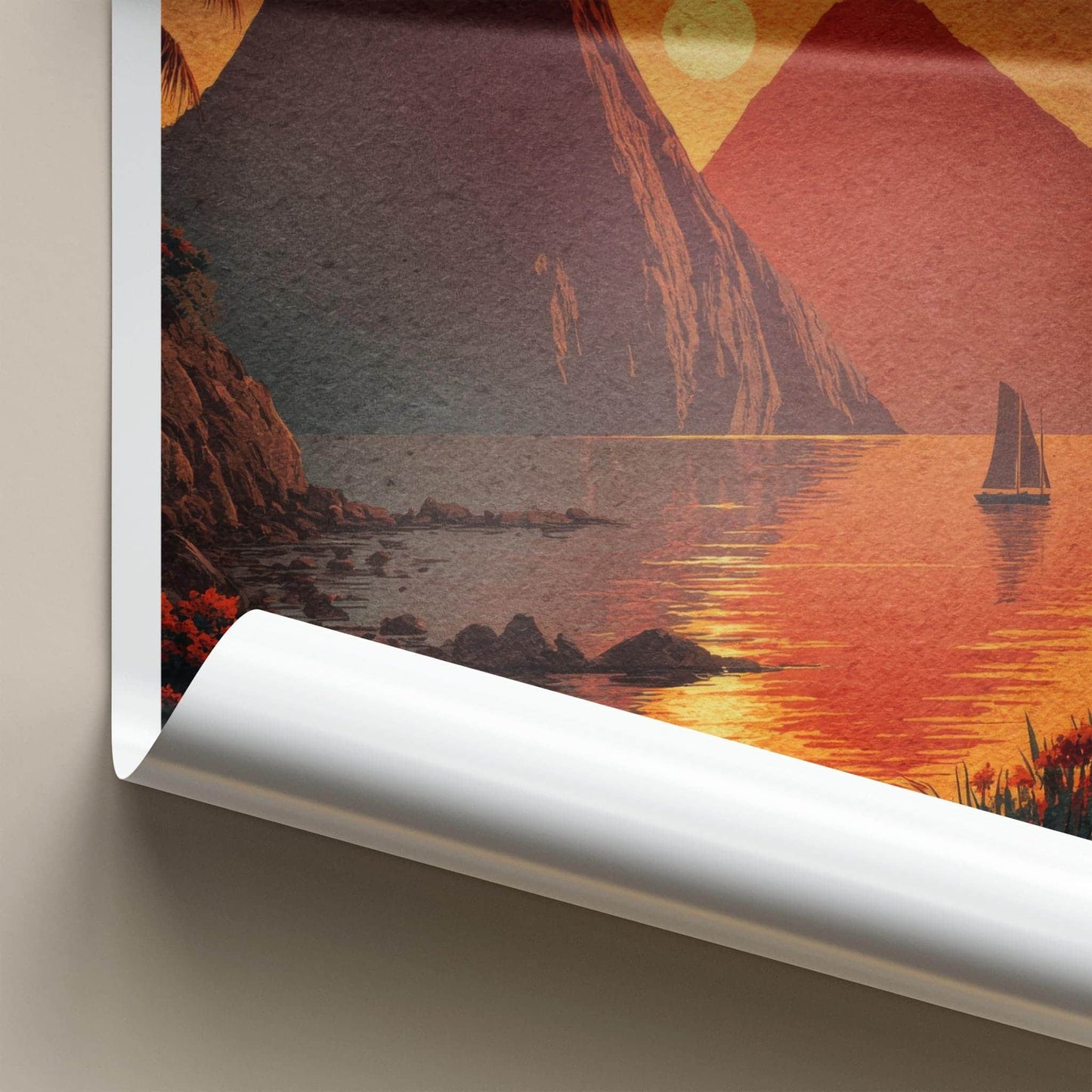 The Pitons Poster - St Lucia Travel Art - Tropical Sunset Sailboat Home Decor