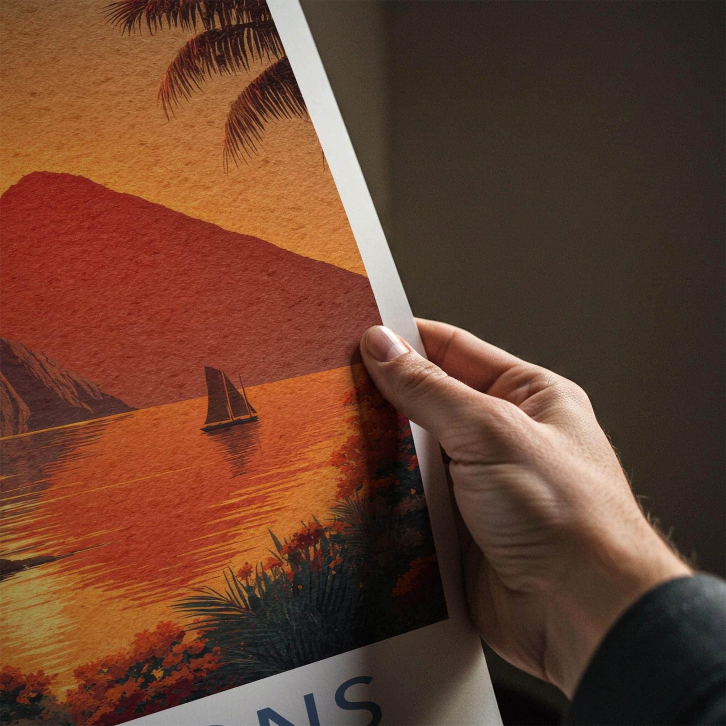 The Pitons Poster - St Lucia Travel Art - Tropical Sunset Sailboat Home Decor