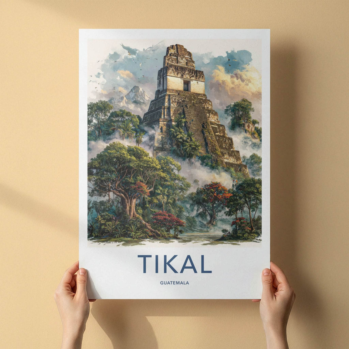 Tikal Poster - Guatemala Travel Art - Ancient Temple Peaks Home Decor