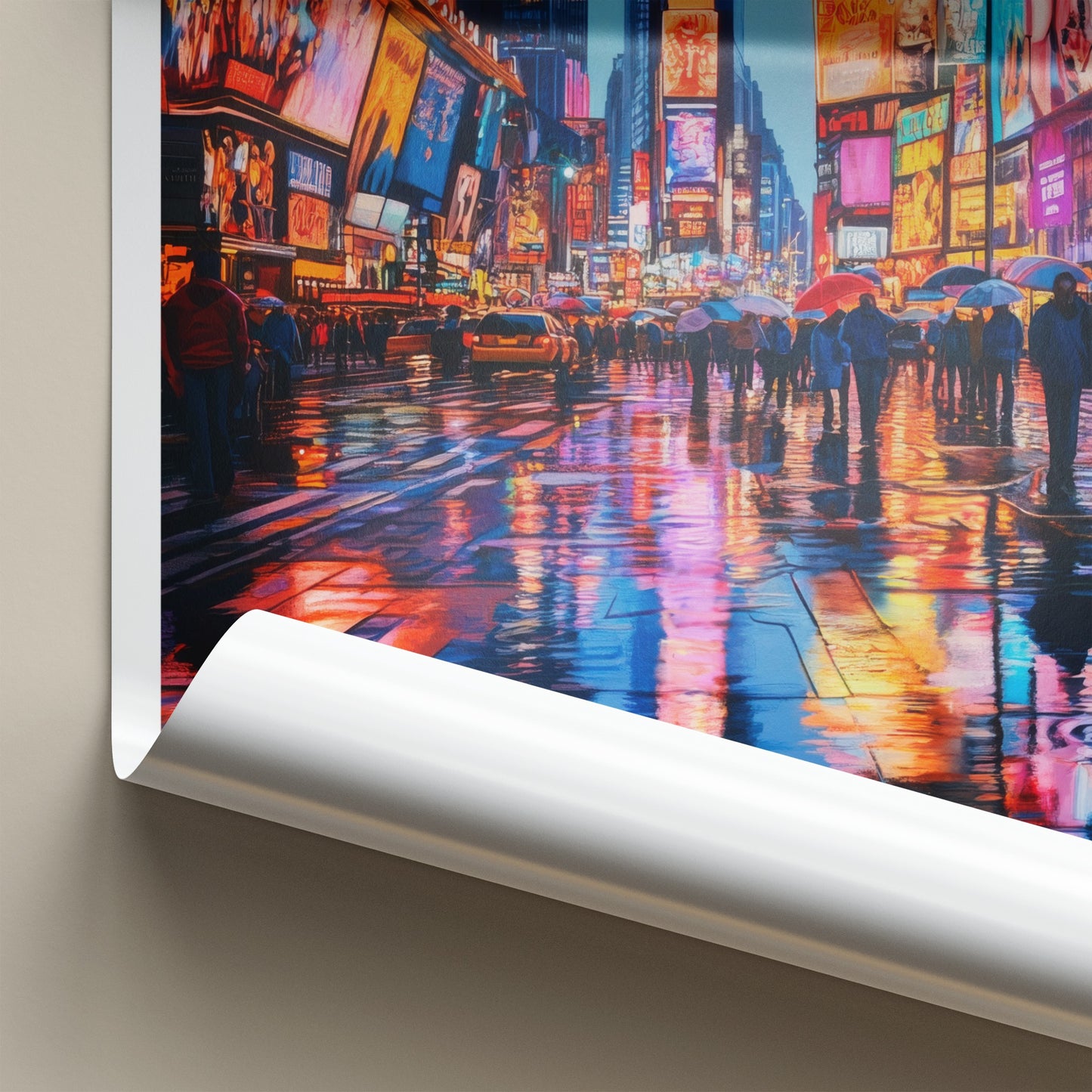 Times Square Poster - New York Travel Art - Neon Street Reflections Wall Decor