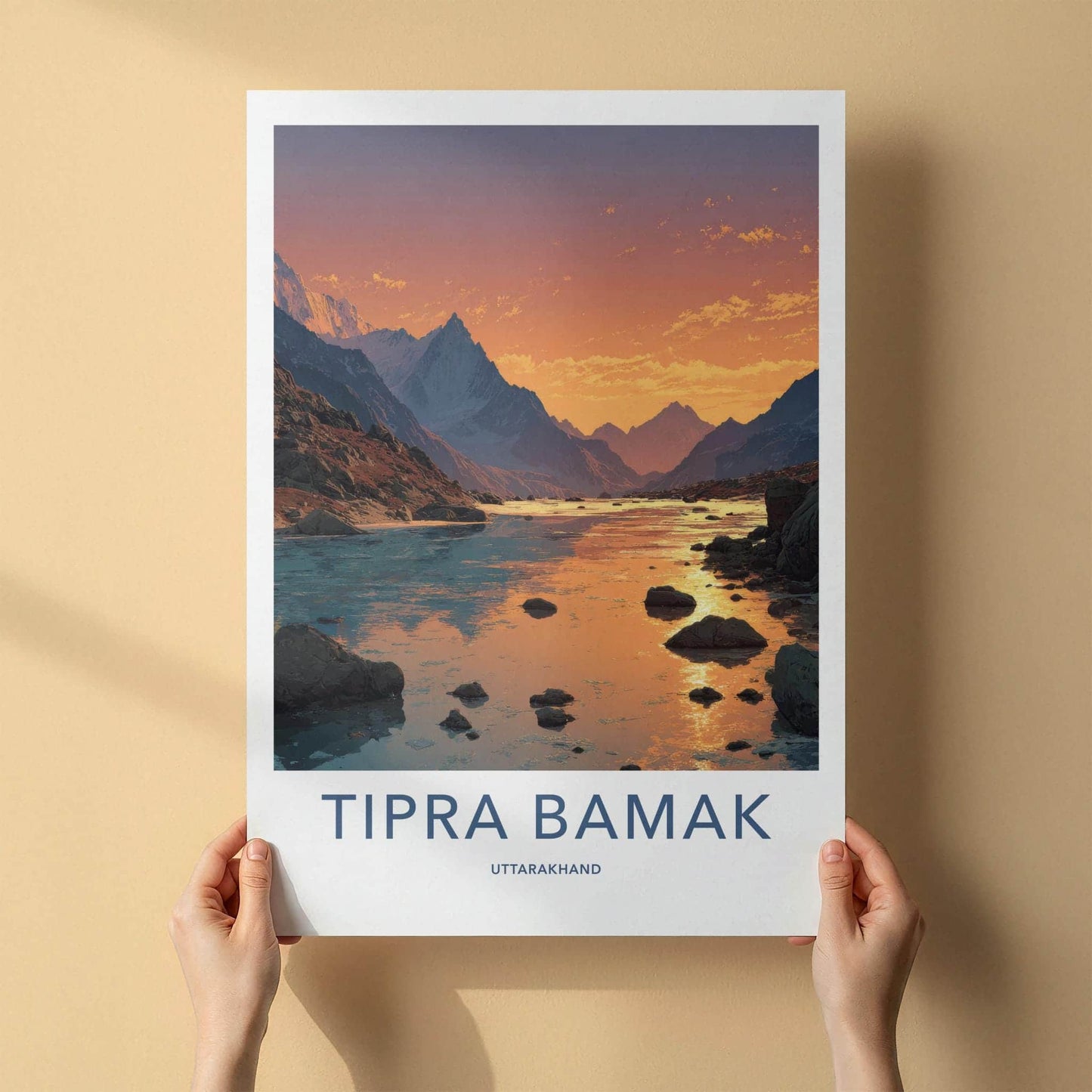 Tipra Bamk Poster - India Travel Art - Uttarakhand Mountain River Sunset Gift