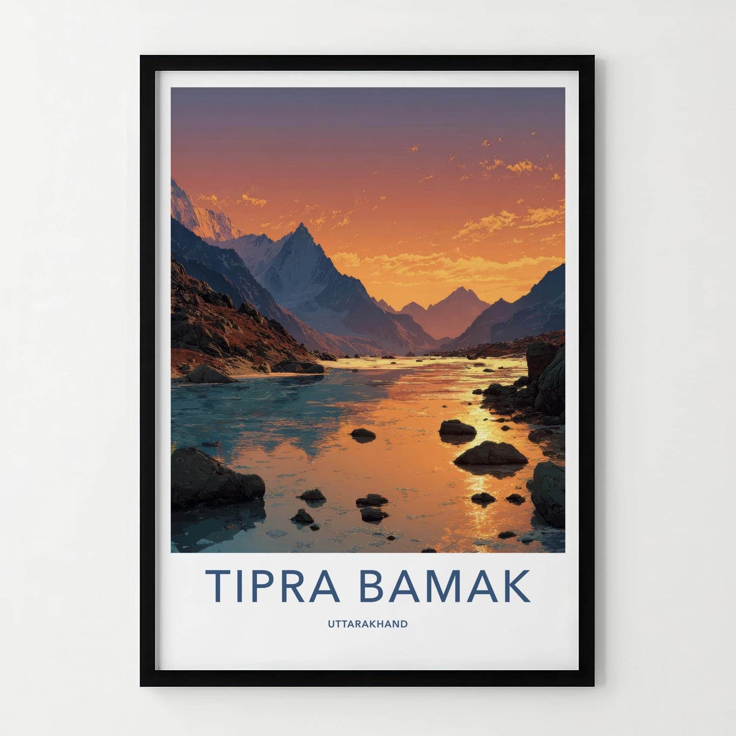 Tipra Bamk Poster - India Travel Art - Uttarakhand Mountain River Sunset Gift