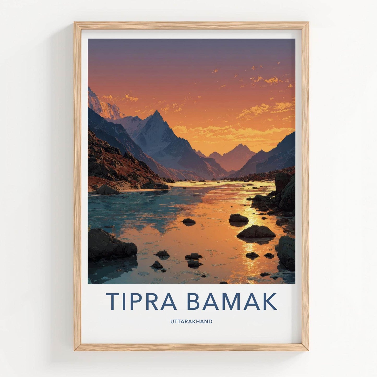 Tipra Bamk Poster - India Travel Art - Uttarakhand Mountain River Sunset Gift