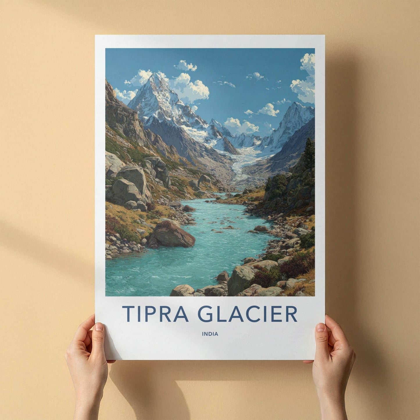 Tipra Glacier Poster - India Travel Art - Uttarakhand Snowy Peaks River Home Decor