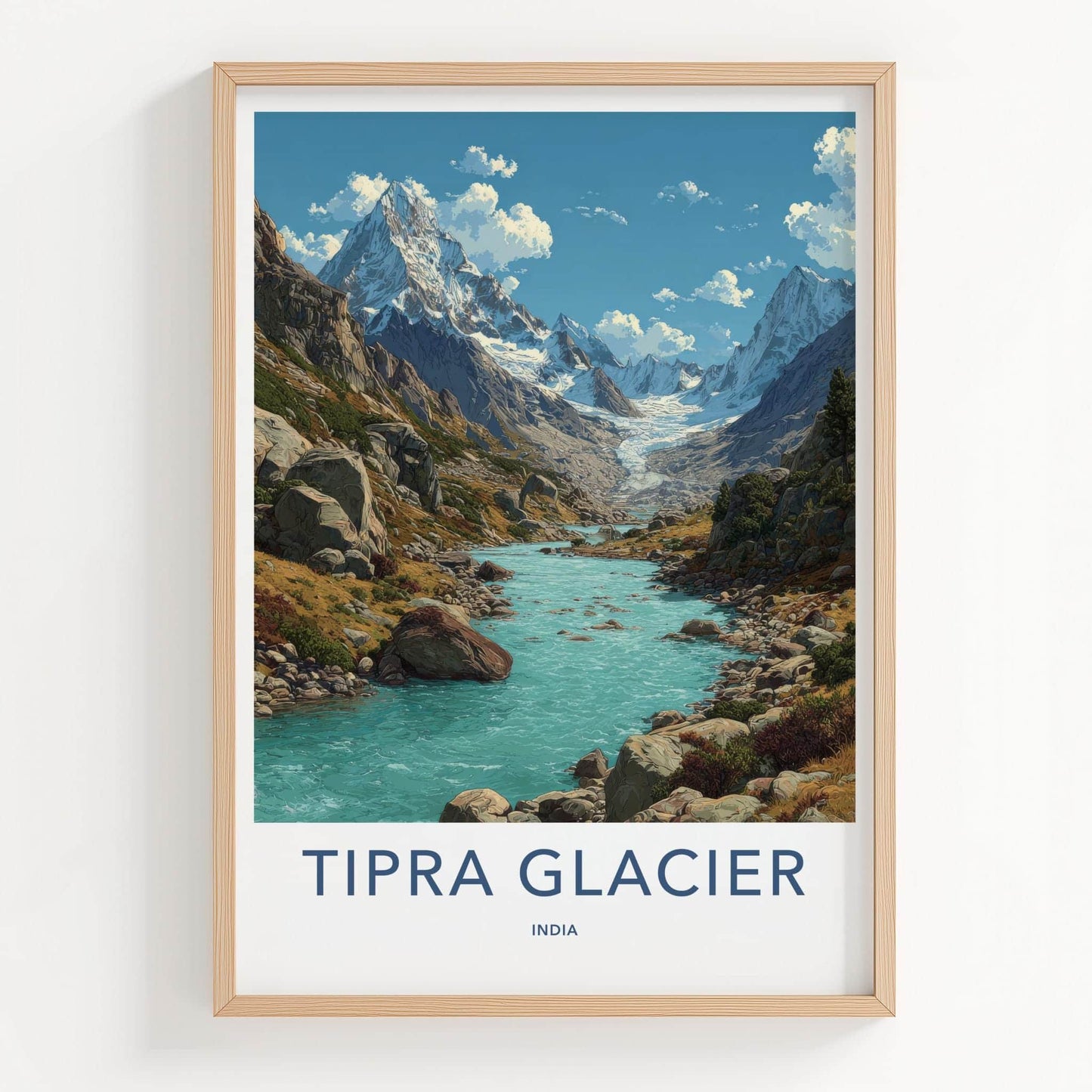 Tipra Glacier Poster - India Travel Art - Uttarakhand Snowy Peaks River Home Decor