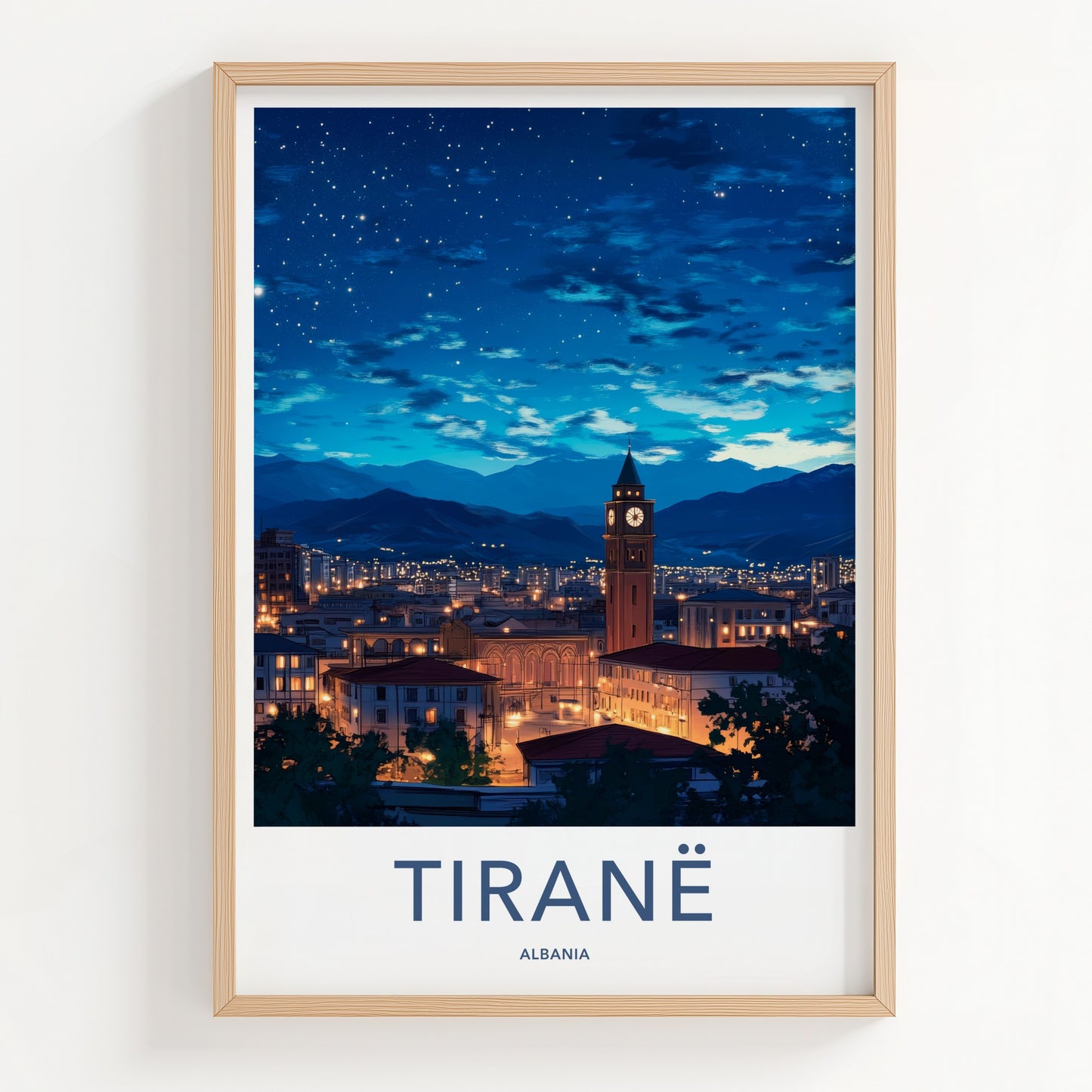 Tirane Poster - Albania Travel Art - Starry Night Cityscape Home Decor