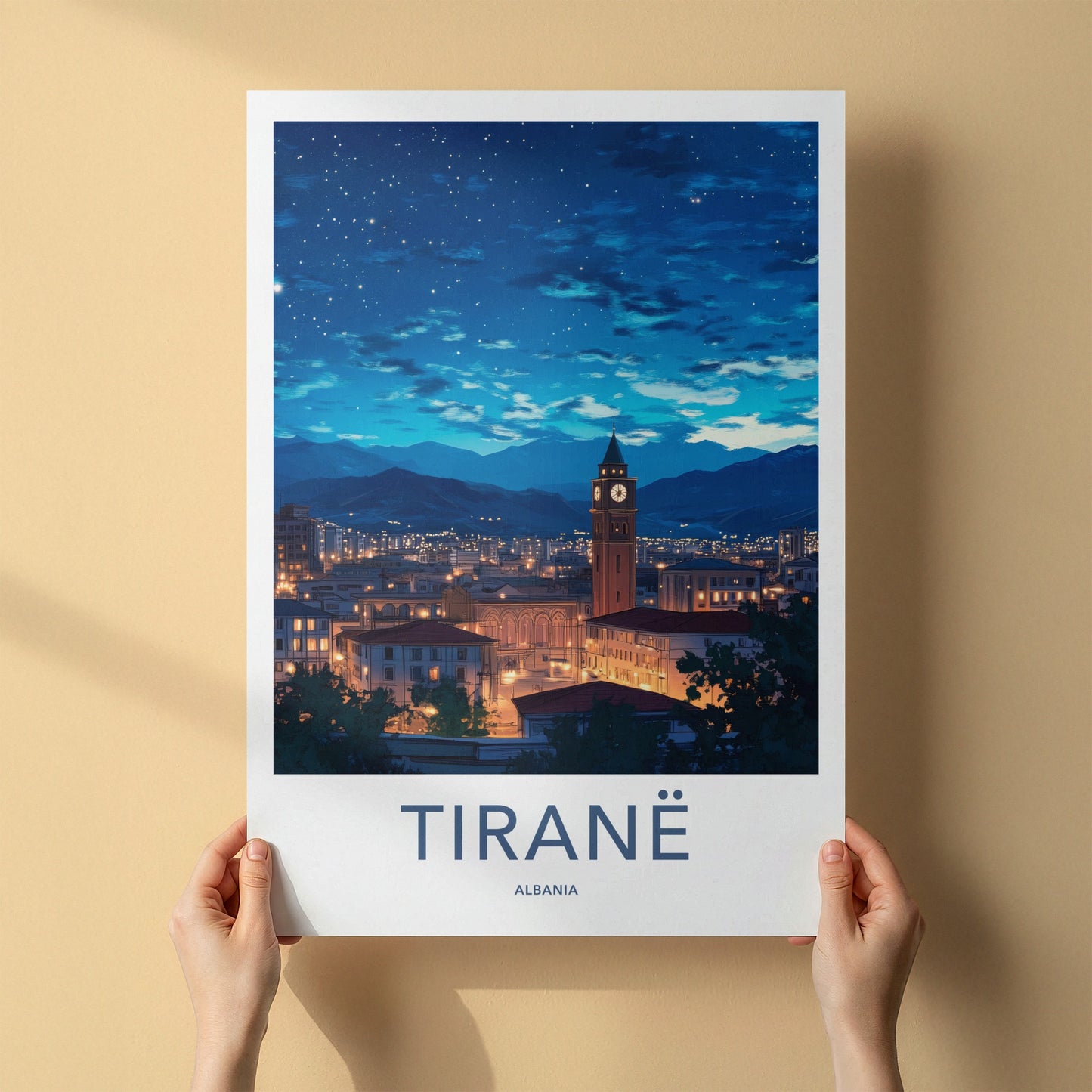 Tirane Poster - Albania Travel Art - Starry Night Cityscape Home Decor