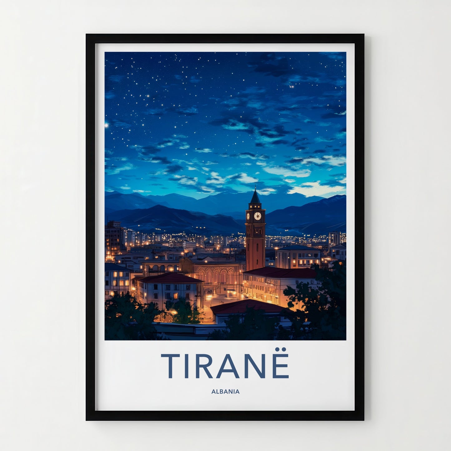 Tirane Poster - Albania Travel Art - Starry Night Cityscape Home Decor