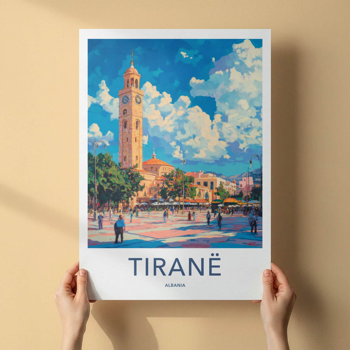Tirane Poster - Albania Travel Art - Vibrant Clock Tower Home Decor