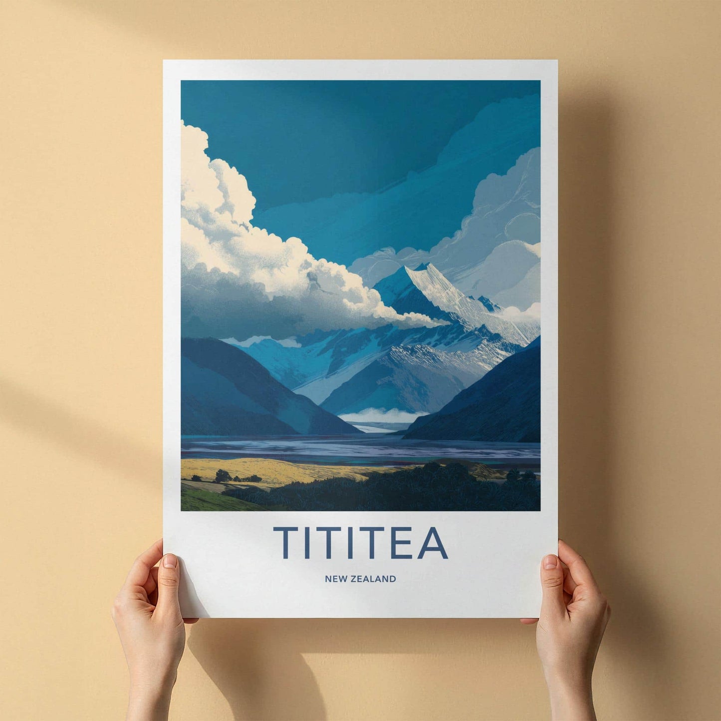 Tititea Poster - New Zealand Travel Art - Snowy Peak Lake Wall Decor