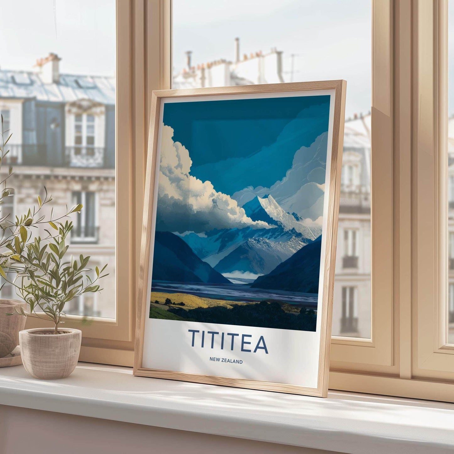 Tititea Poster - New Zealand Travel Art - Snowy Peak Lake Wall Decor