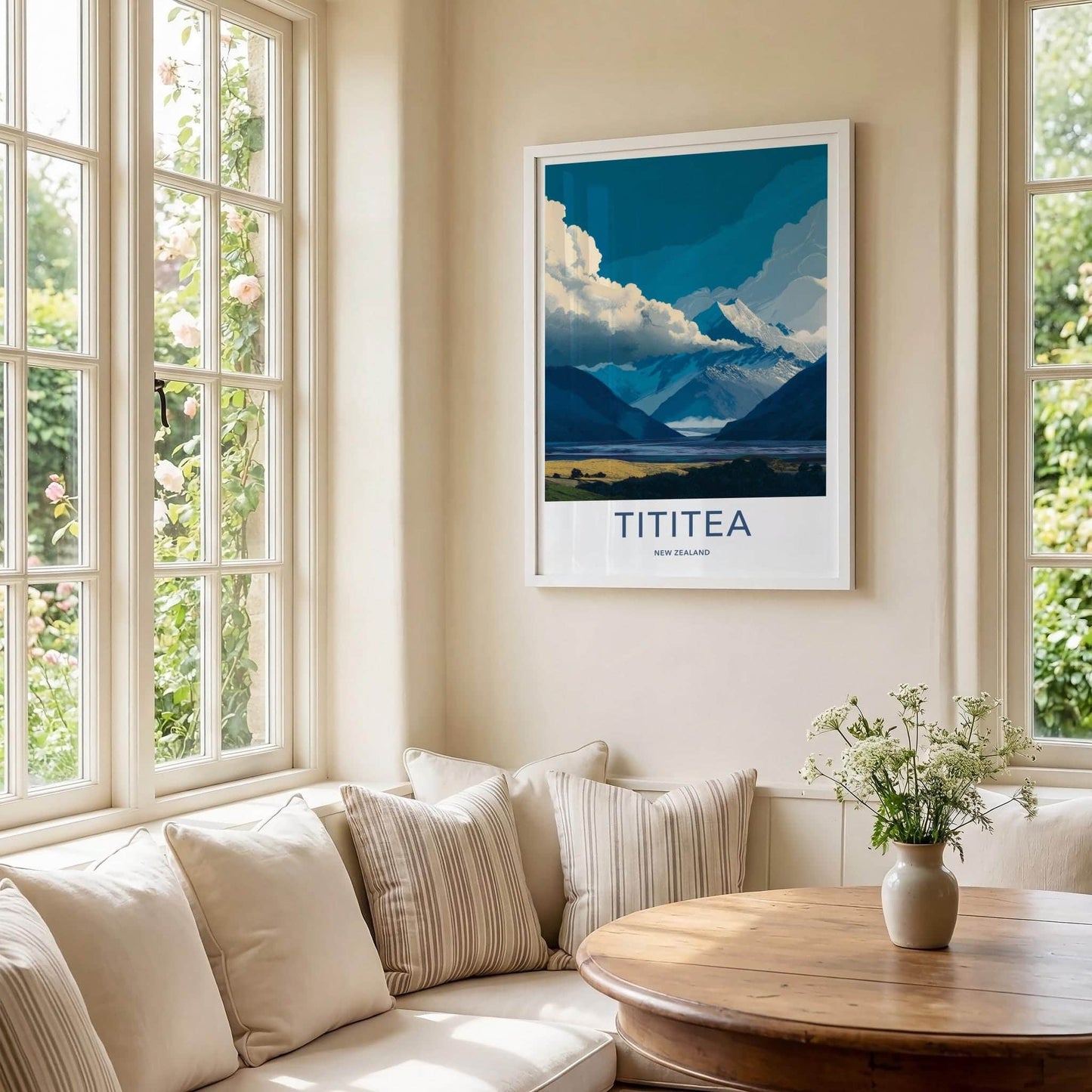 Tititea Poster - New Zealand Travel Art - Snowy Peak Lake Wall Decor