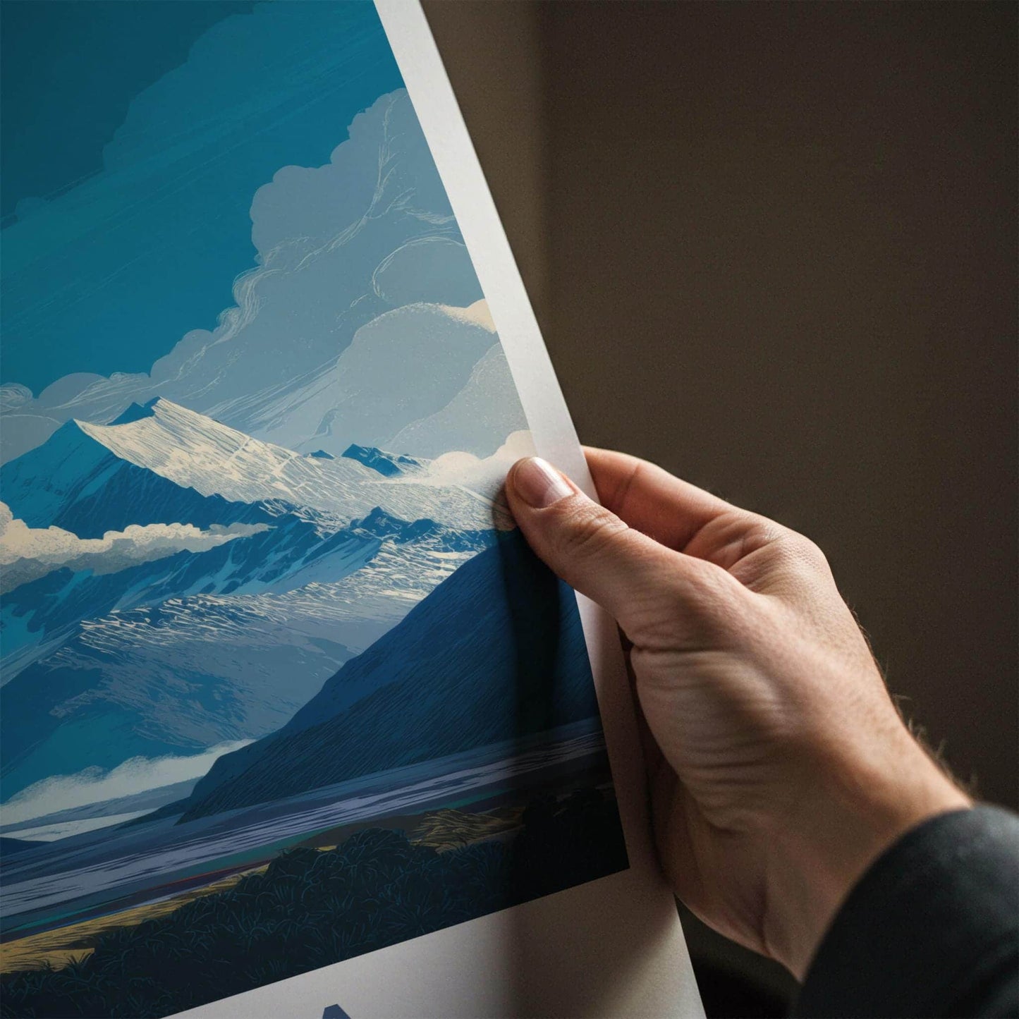 Tititea Poster - New Zealand Travel Art - Snowy Peak Lake Wall Decor