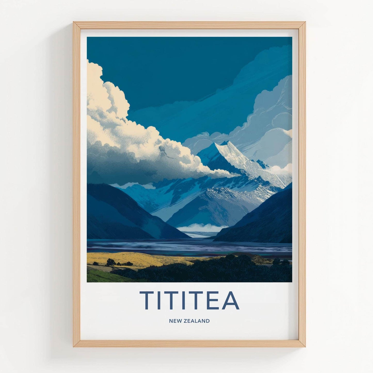 Tititea Poster - New Zealand Travel Art - Snowy Peak Lake Wall Decor
