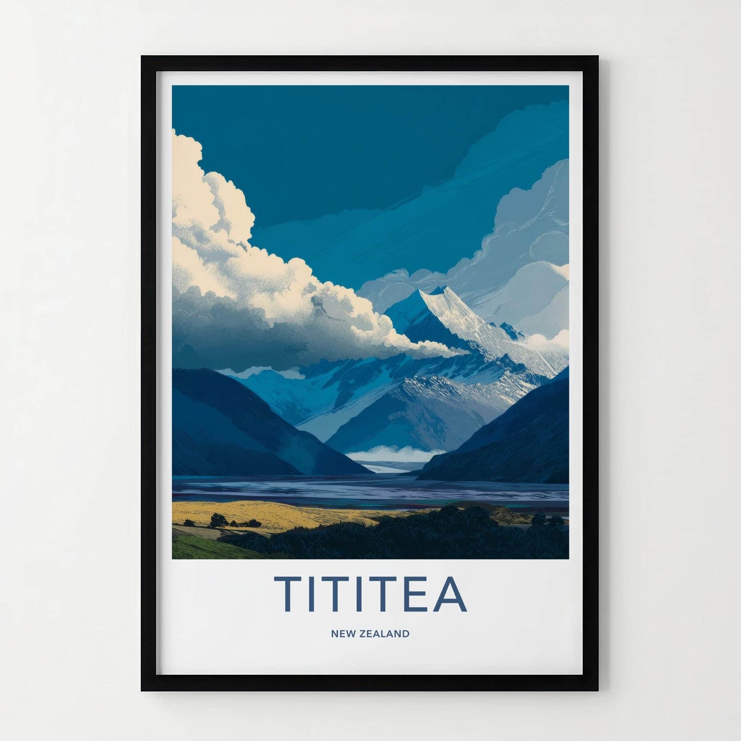Tititea Poster - New Zealand Travel Art - Snowy Peak Lake Wall Decor