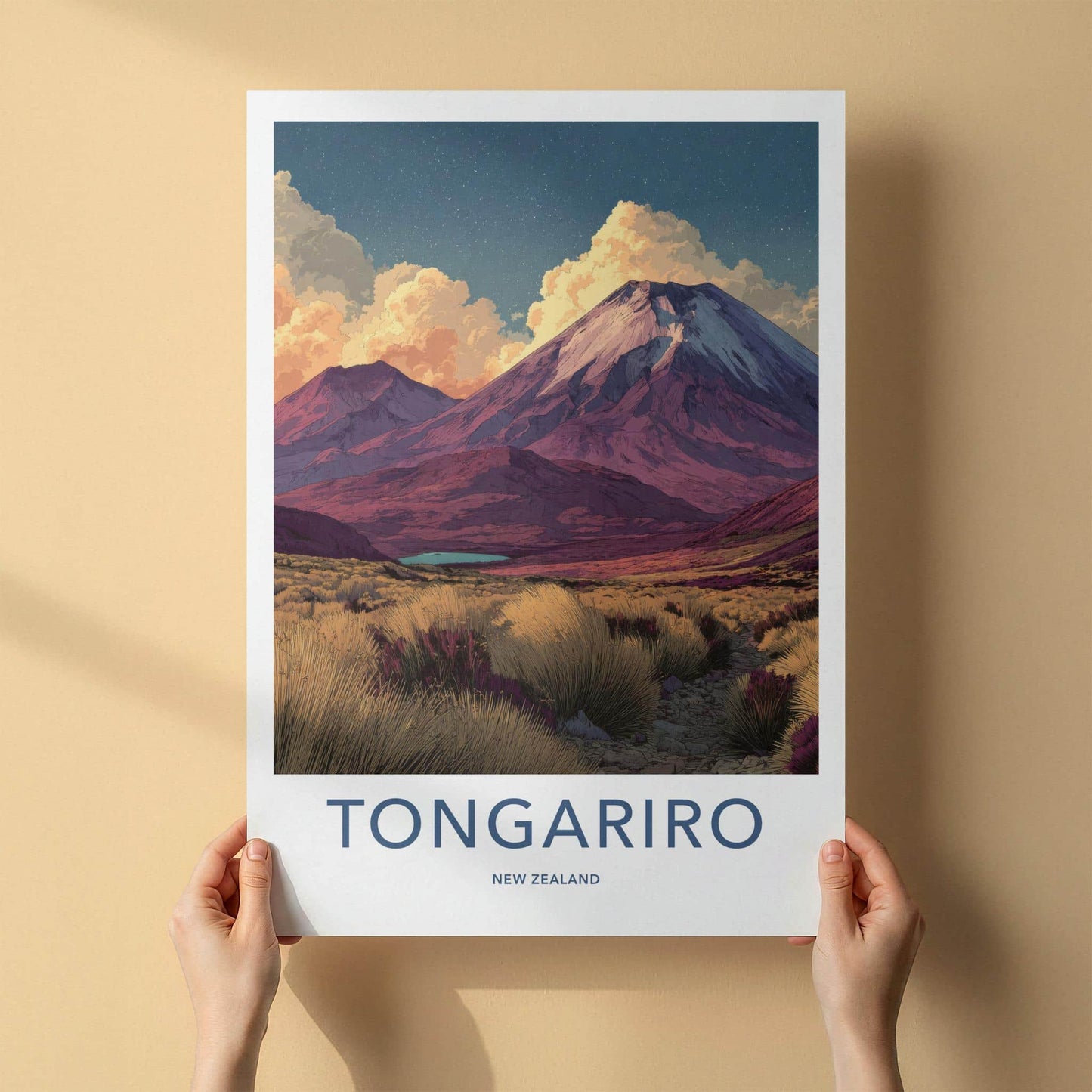 Tongariro Poster - New Zealand Travel Art - Starry Mountain Landscape Home Decor