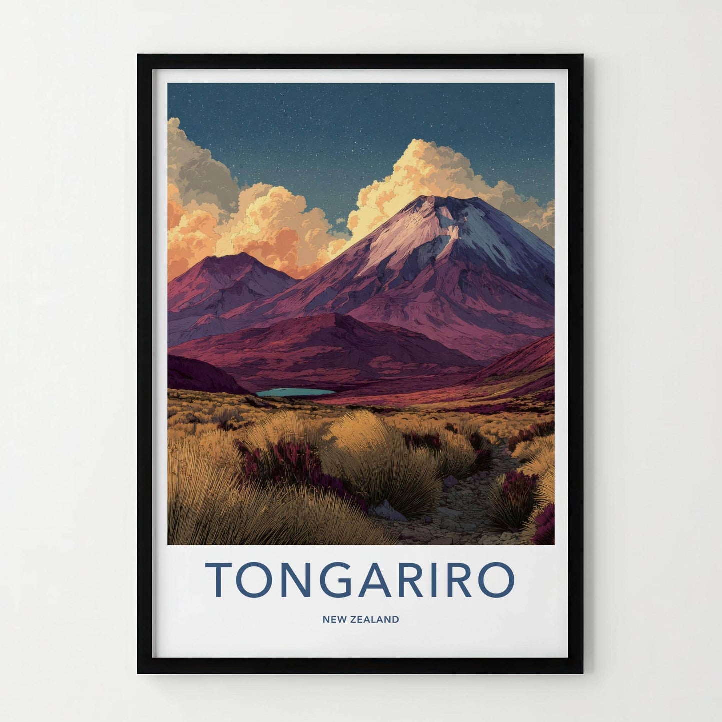 Tongariro Poster - New Zealand Travel Art - Starry Mountain Landscape Home Decor