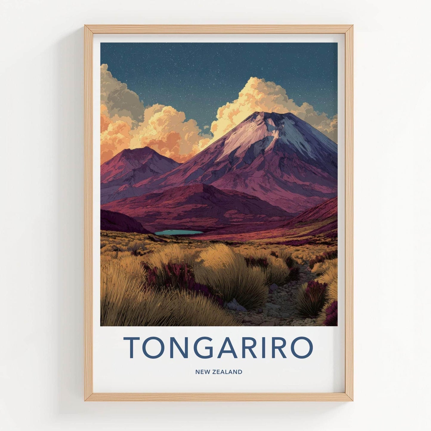 Tongariro Poster - New Zealand Travel Art - Starry Mountain Landscape Home Decor