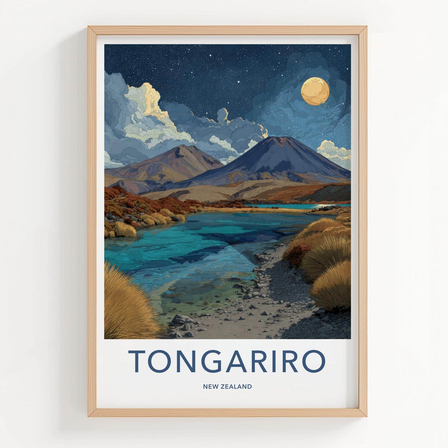 Tongariro Poster - New Zealand Travel Art - Volcanic Lake Night Home Decor