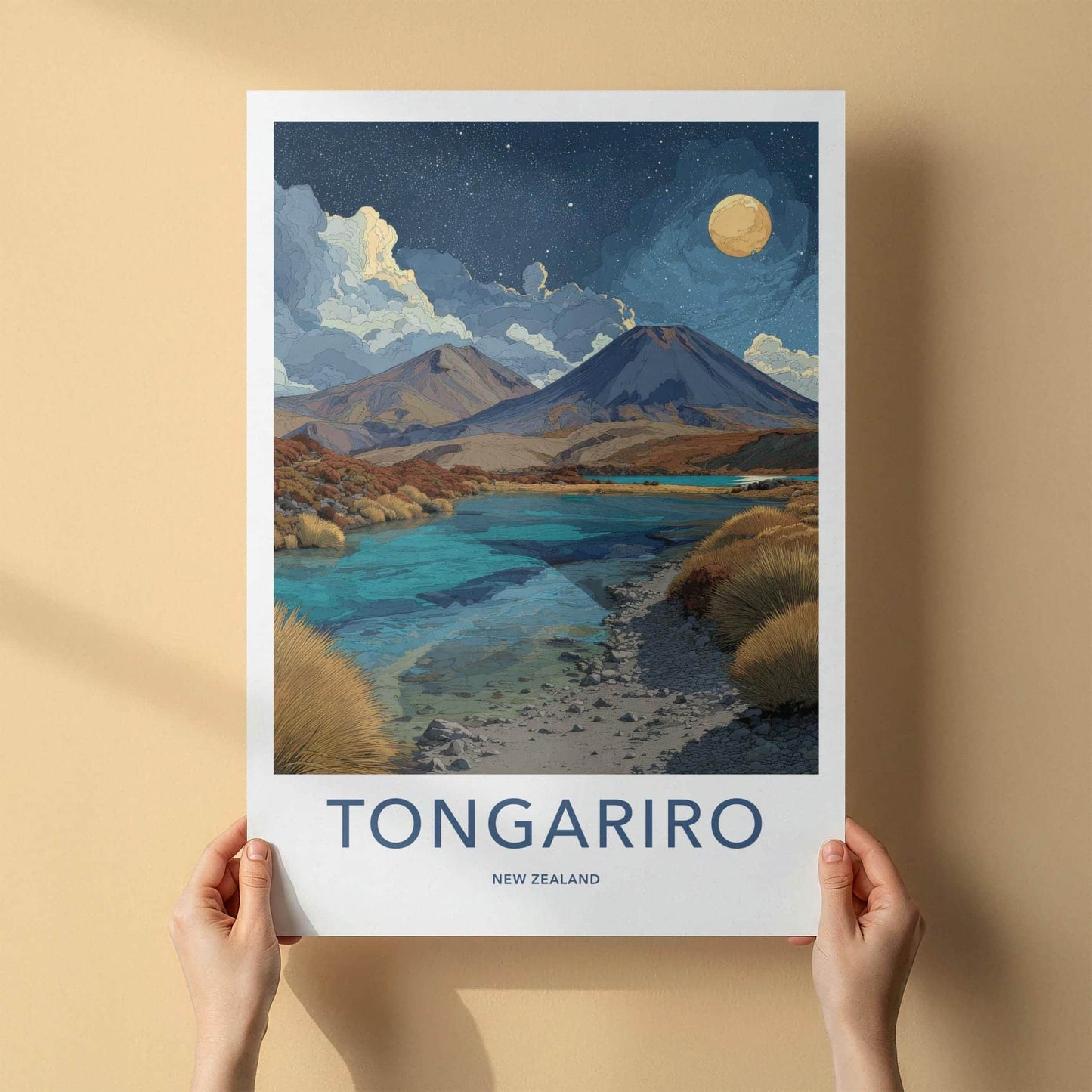 Tongariro Poster - New Zealand Travel Art - Volcanic Lake Night Home Decor