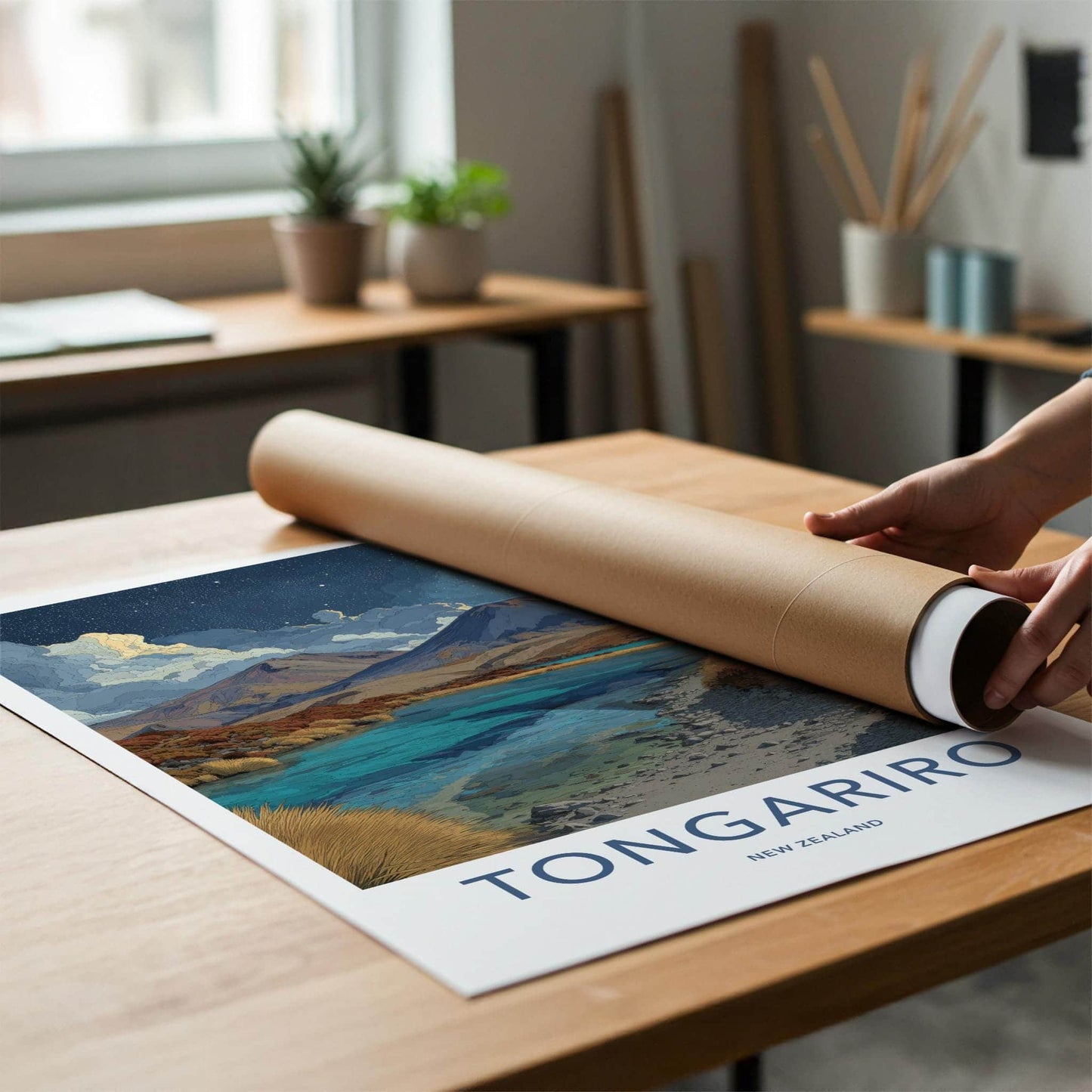 Tongariro Poster - New Zealand Travel Art - Volcanic Lake Night Home Decor