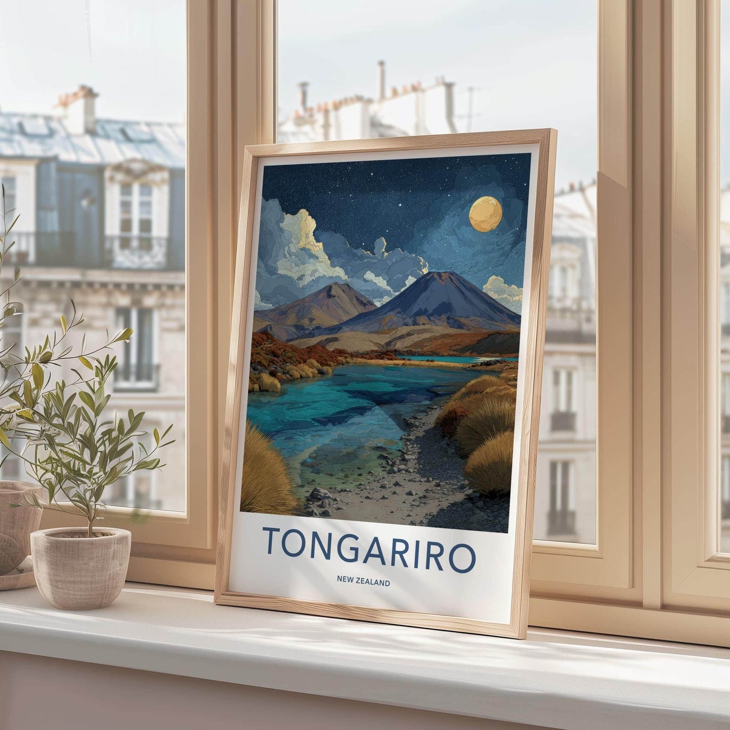 Tongariro Poster - New Zealand Travel Art - Volcanic Lake Night Home Decor