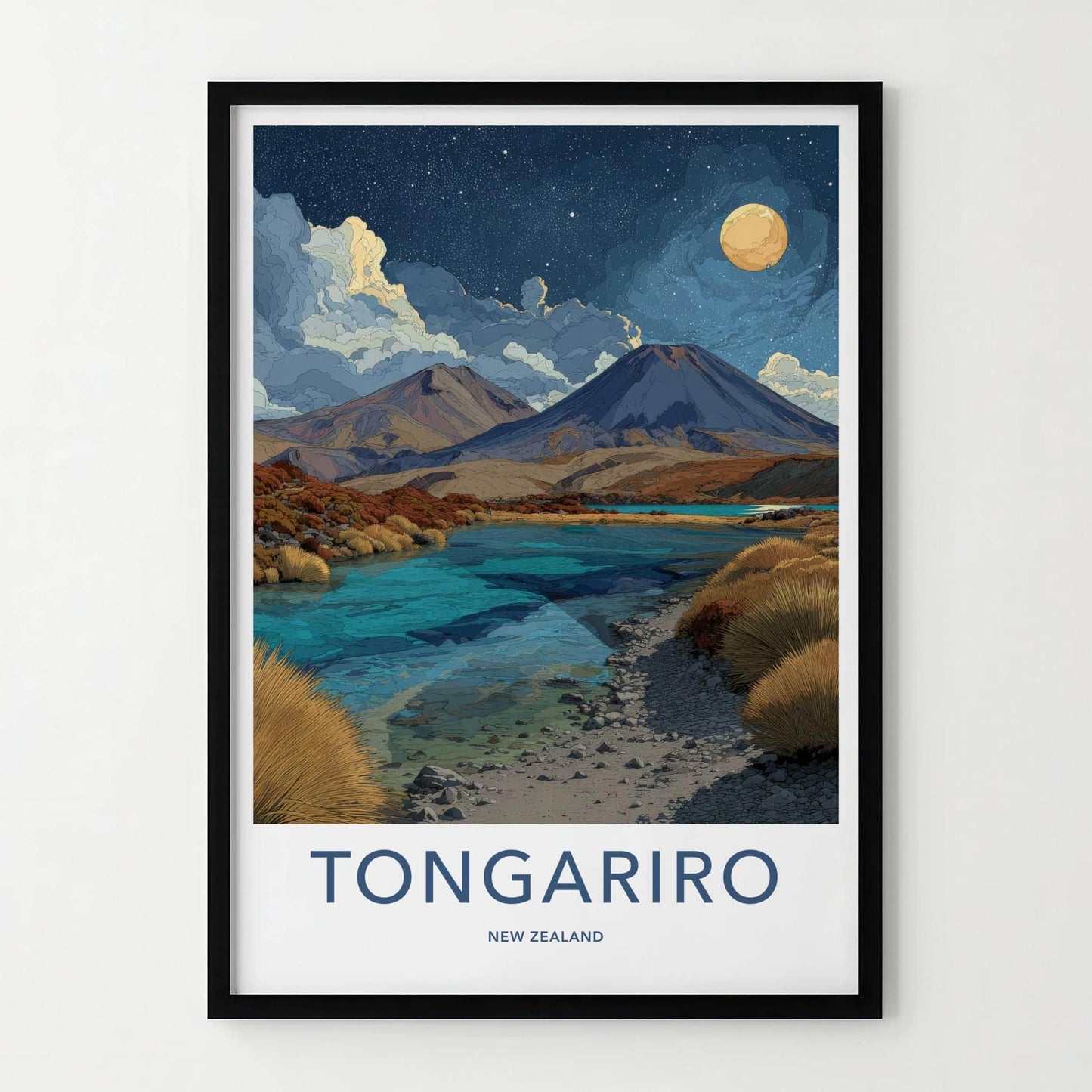 Tongariro Poster - New Zealand Travel Art - Volcanic Lake Night Home Decor