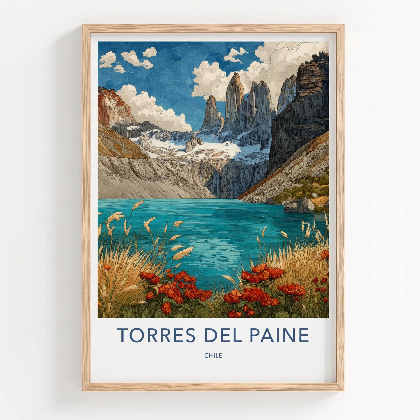 Torres Del Paine Poster - Chile Travel Art - Mountain Lake Flowers Home Decor