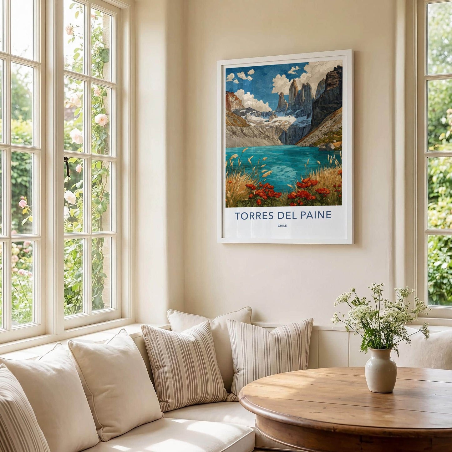 Torres Del Paine Poster - Chile Travel Art - Mountain Lake Flowers Home Decor
