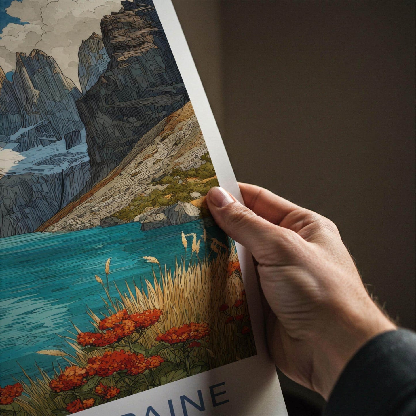 Torres Del Paine Poster - Chile Travel Art - Mountain Lake Flowers Home Decor