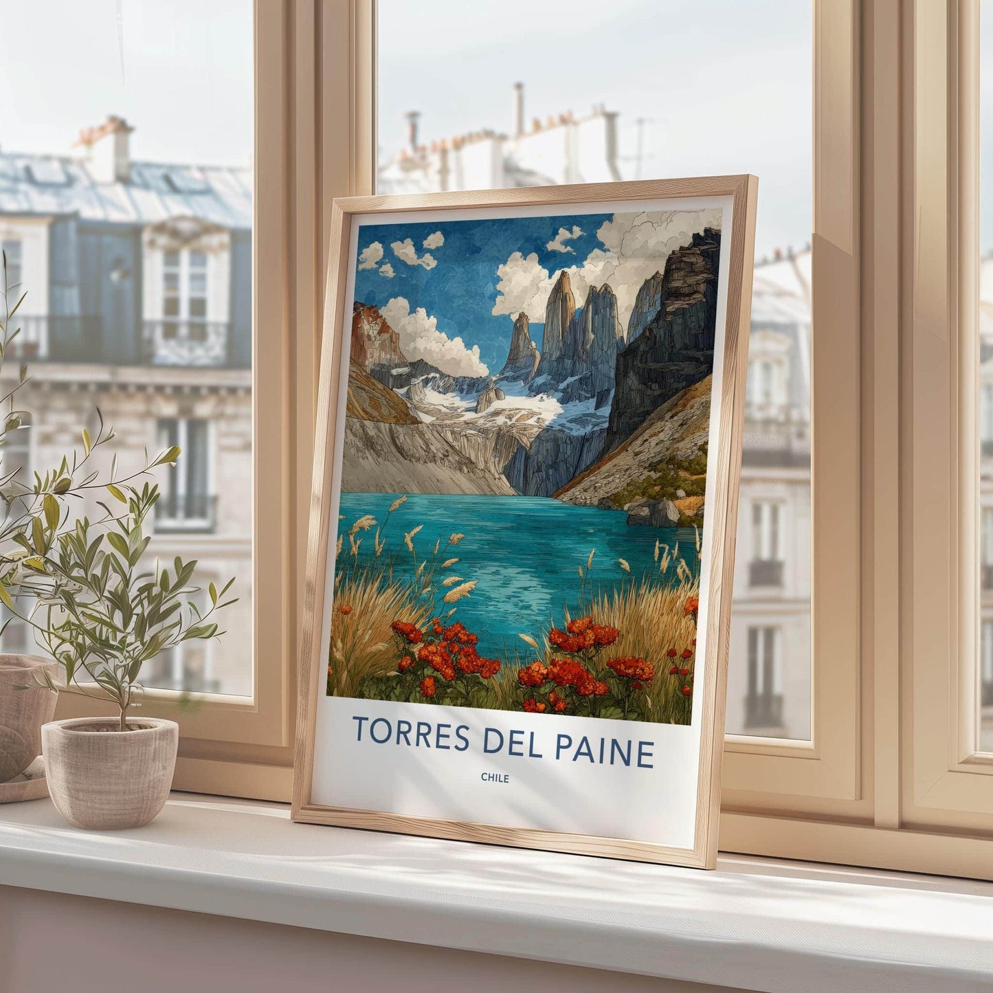 Torres Del Paine Poster - Chile Travel Art - Mountain Lake Flowers Home Decor