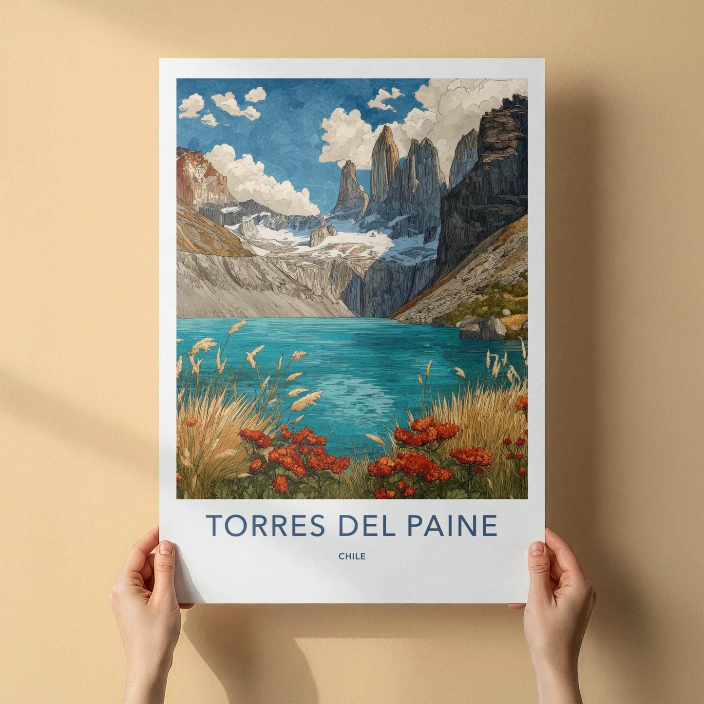 Torres Del Paine Poster - Chile Travel Art - Mountain Lake Flowers Home Decor