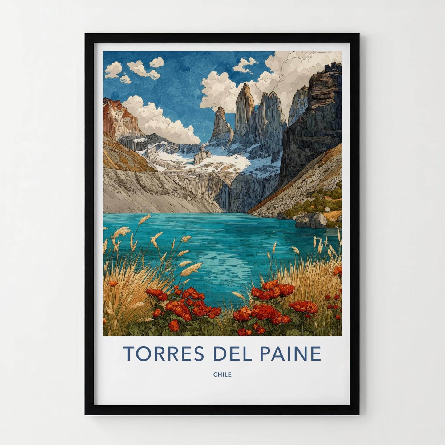 Torres Del Paine Poster - Chile Travel Art - Mountain Lake Flowers Home Decor