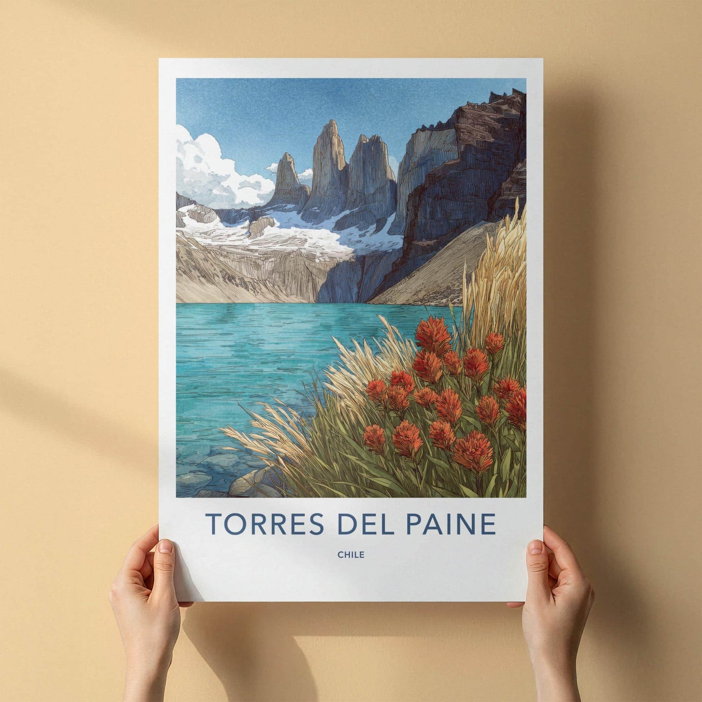 Torres Del Paine Poster - Chile Travel Art - Mountain Lake Flowers Home Decor